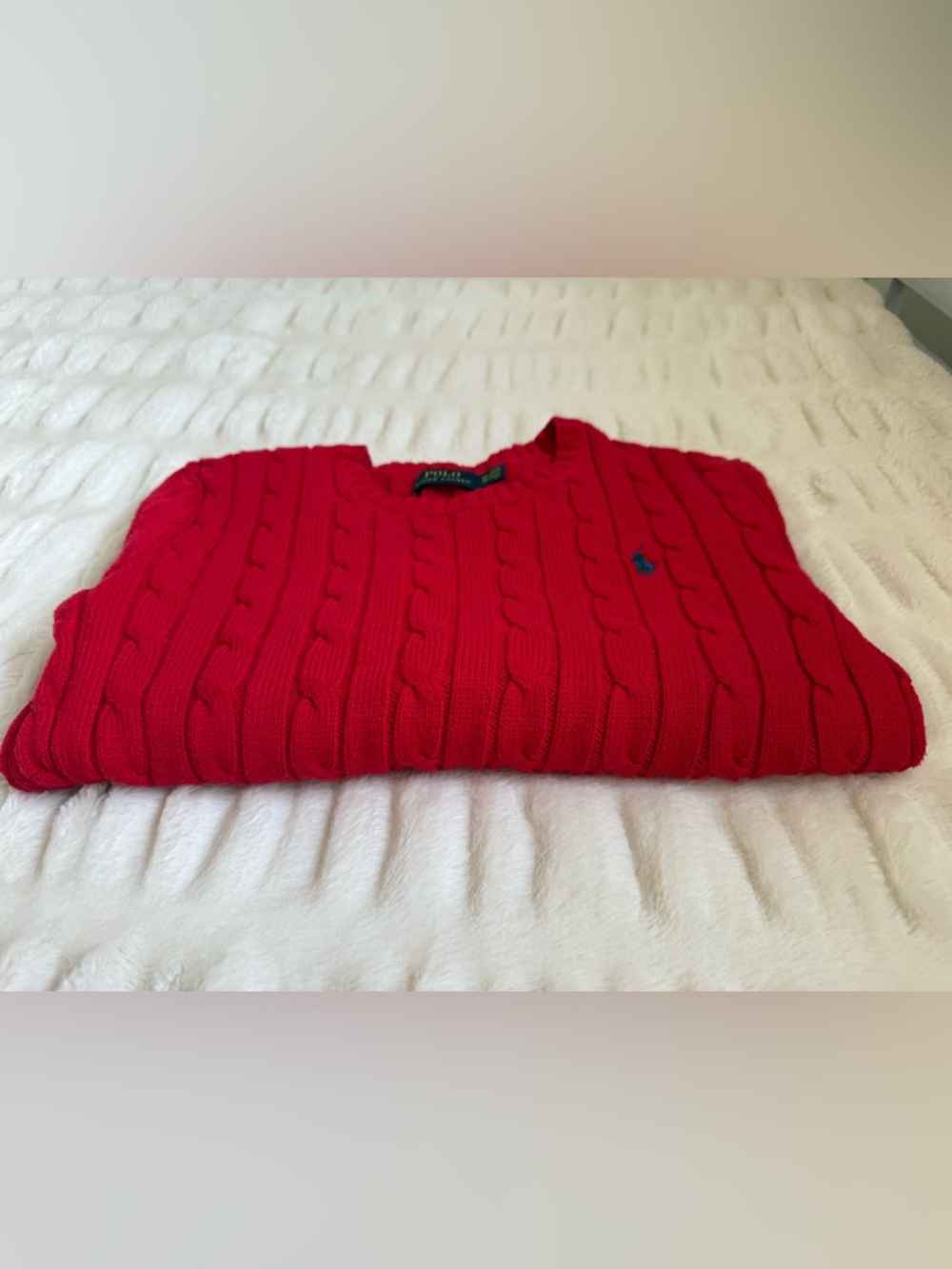 Polo by Ralph Lauren Red Cable Knit Crewneck Sweater with Navy Pony - Picture 5 of 5